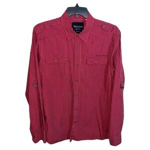 Guess Shirt Men’s Size XL Red Black Stripes Snap Button Front Long Sleeve Casual